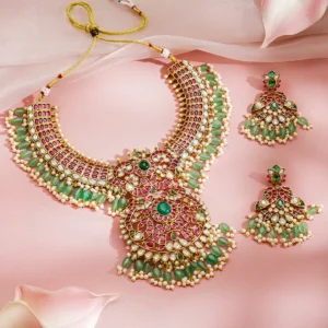 Pink Studded Pearl Green Beaded Necklace Set