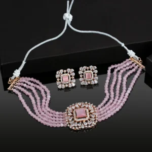 Rose Gold Plated CZ Square Shaped Mint Pink Choker Necklace Set For Women