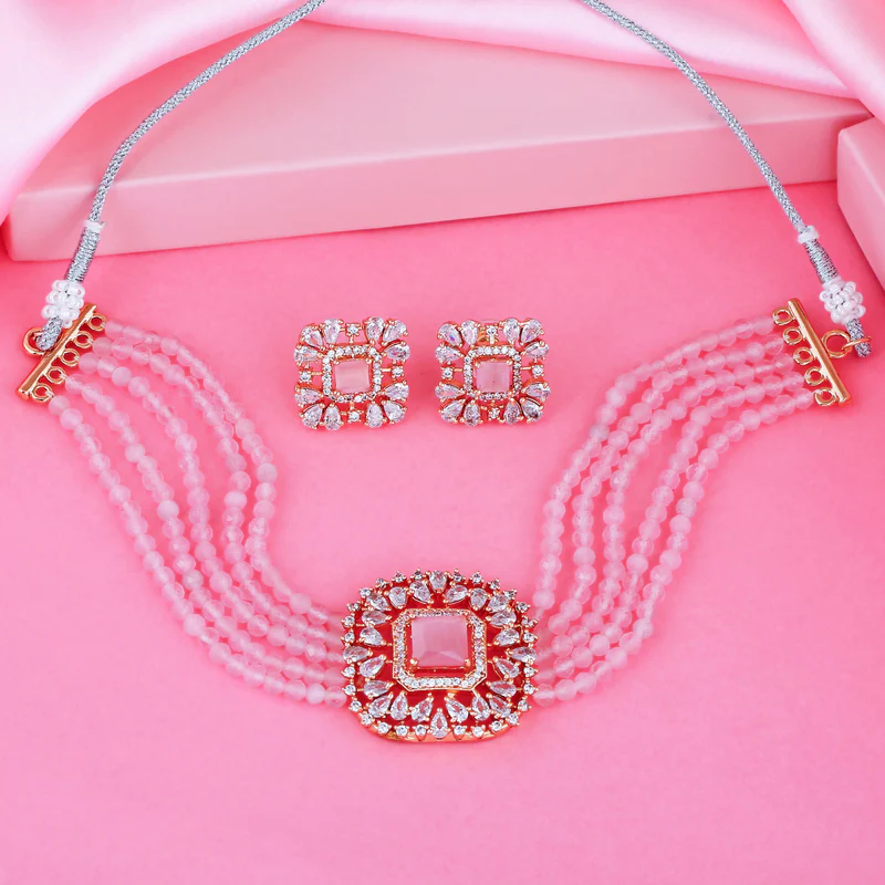 Rose Gold Plated CZ Square Shaped Mint Pink Choker Necklace Set For Women - Image 2