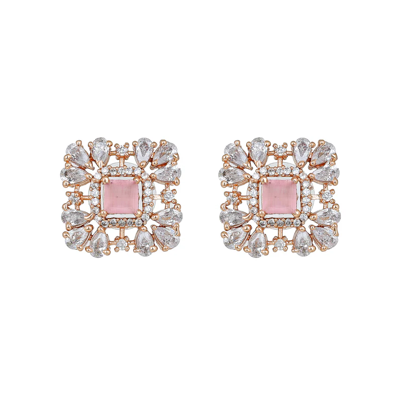 Rose Gold Plated CZ Square Shaped Mint Pink Choker Necklace Set For Women - Image 3