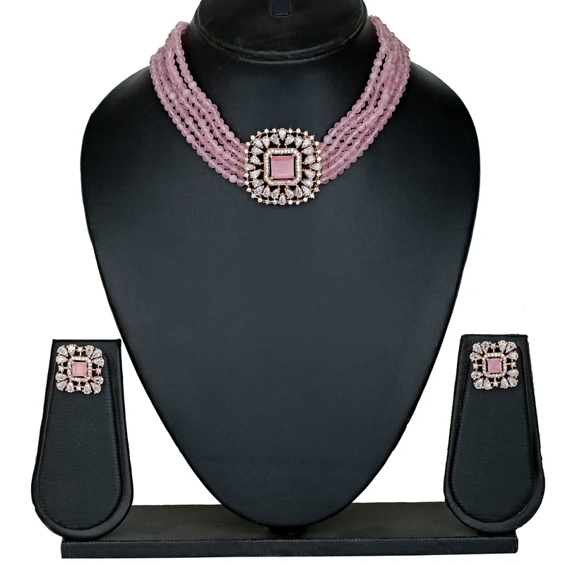 Rose Gold Plated CZ Square Shaped Mint Pink Choker Necklace Set For Women - Image 4